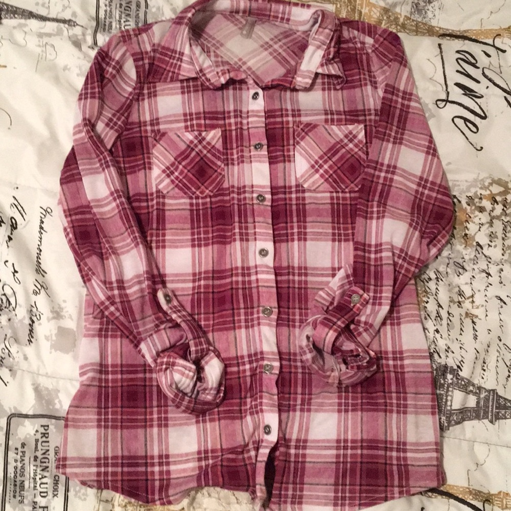Pink plaid shirt with lace detail on the back.